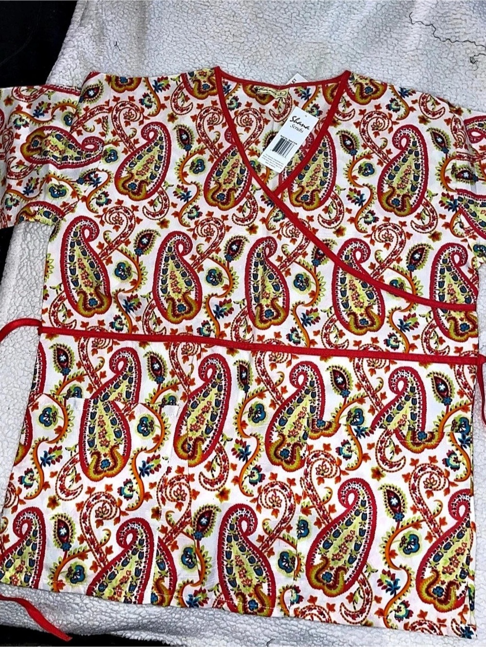 Shana Scrubs Paisley Tunic White & Red Size Large NWT